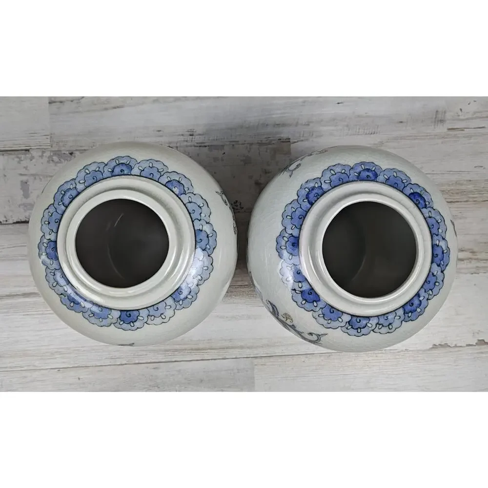 Andrea by Sadek Blue Floral Ginger Jar Vases Pair Japan White Porcelain No Lids